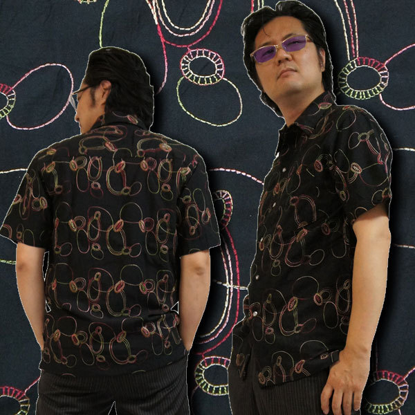 【Ｍ】men's柄シャツ【ステッチ刺繍】ブラック