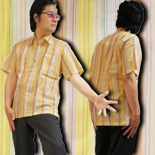 【Ｍ】men's柄シャツ【ライトストライプ】マスタード