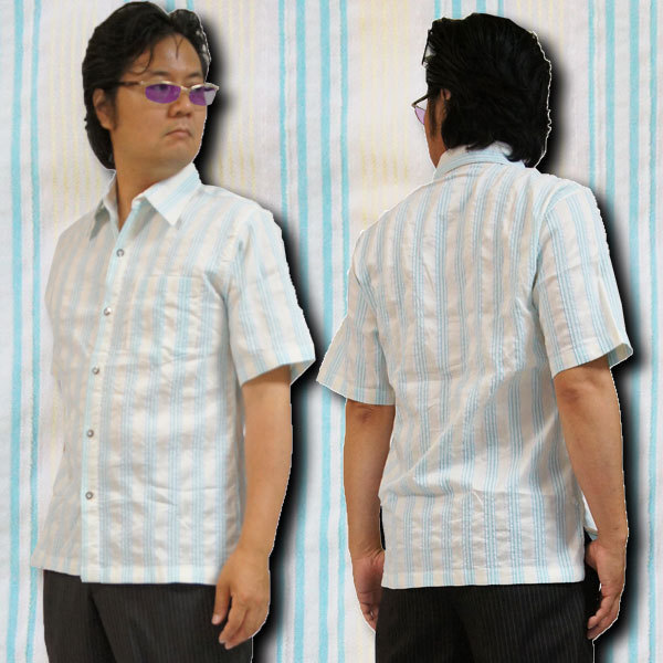 【Ｌ】men's柄シャツ【ストライプ】スプラッシュブルー