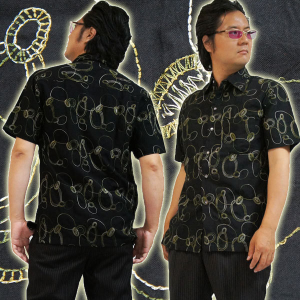 【Ｌ】men's柄シャツ【ステッチ刺繍２】ブラック