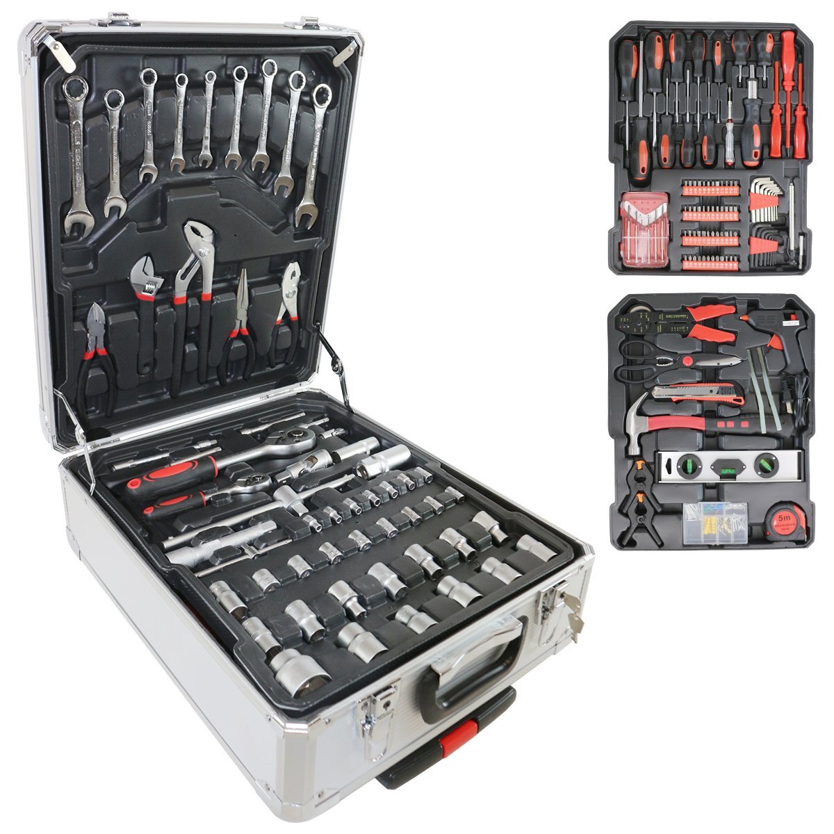 【送料無料】工具箱 工具セット 186pcs 持ち運び 工具ボックス アルミケース 車 バイク 自転車 整備 取付 ラチェット スパナ レンチ 家具