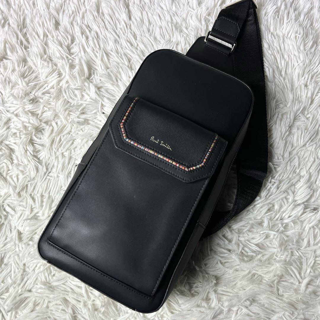 未使用〇現行/PaulSmith ポールスミス ボディバッグ メンズ 現行 マルチストライプ レザー 黒 シボ革 斜め掛け クロスボディ ショルダー