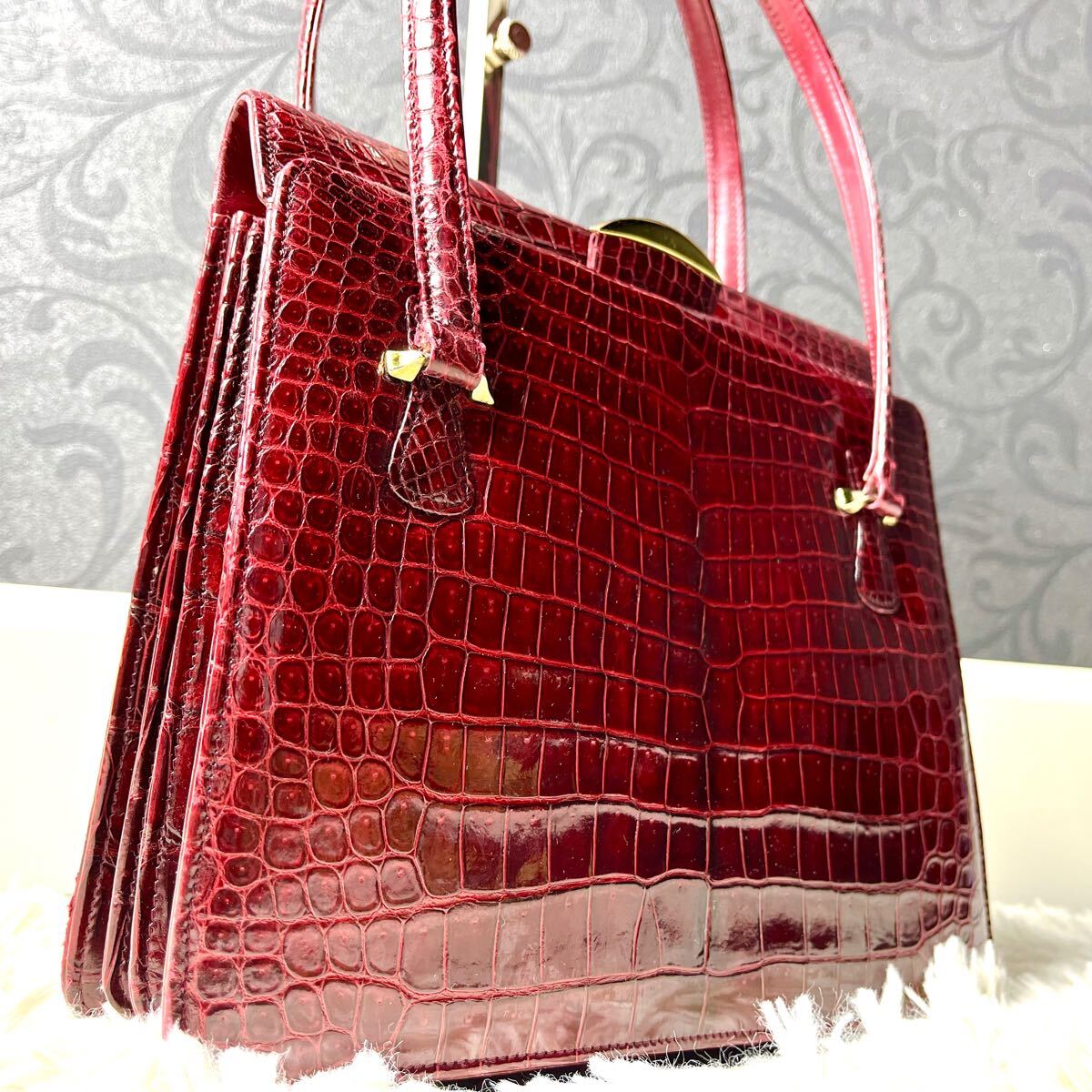定価55万!!! シャイニングクロコ ハンドバッグ ボルドー センター取り 赤 リアル クロコダイル エキゾチック トート 金具 がま口 鰐革