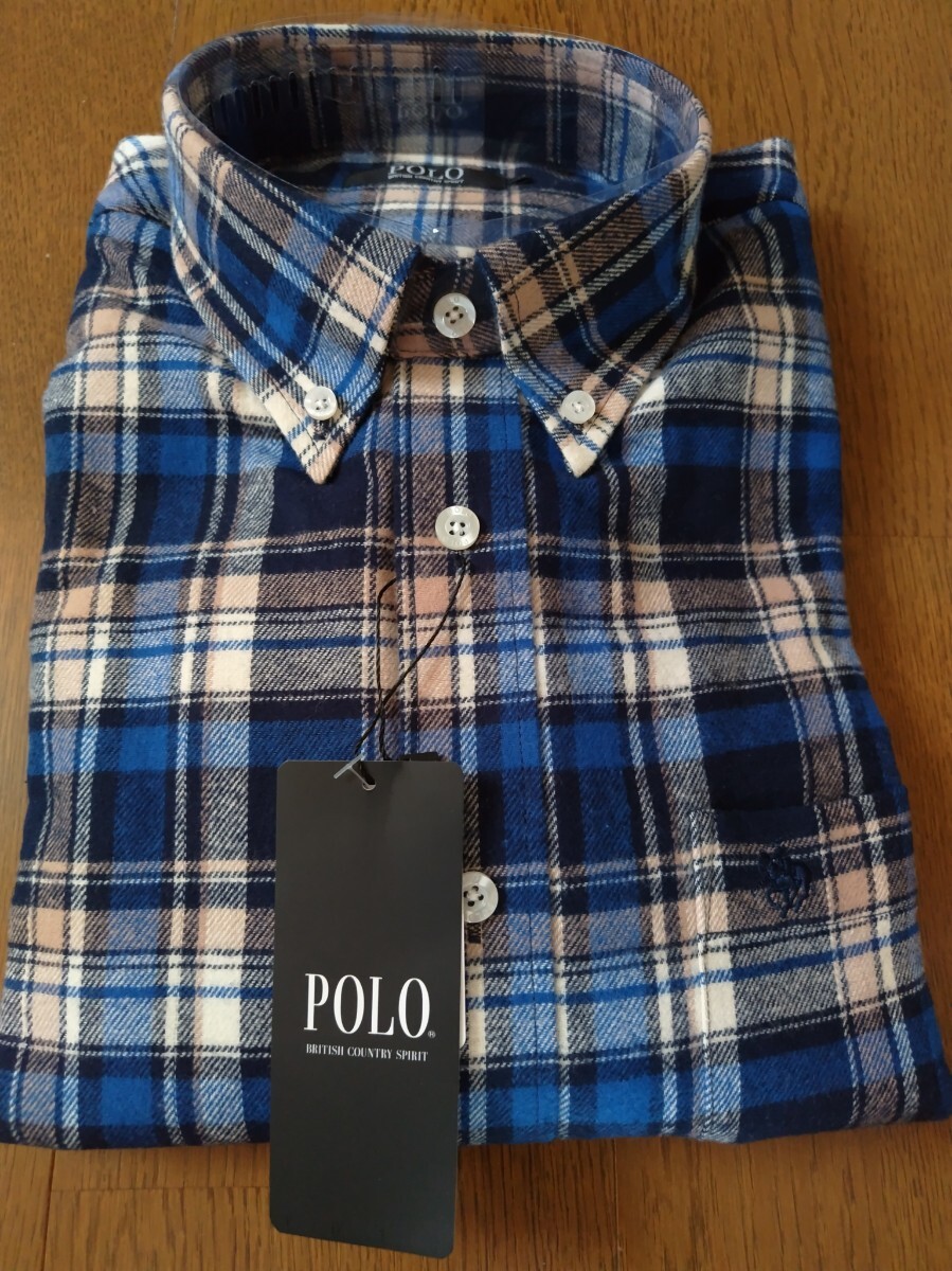 新品未使用タグ付 POLO ボタンダウン 長袖ネルシャツ Lサイズ ブルー ゆうパック760円_画像1