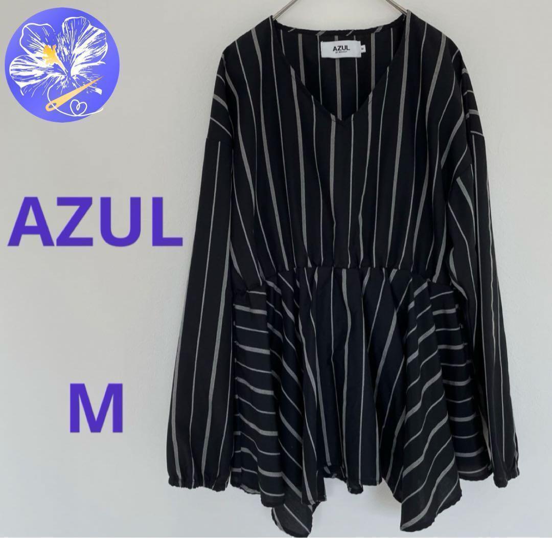 AZUL シャツブラウス長袖Mフリルチュニック ストライプ ブラック 古着