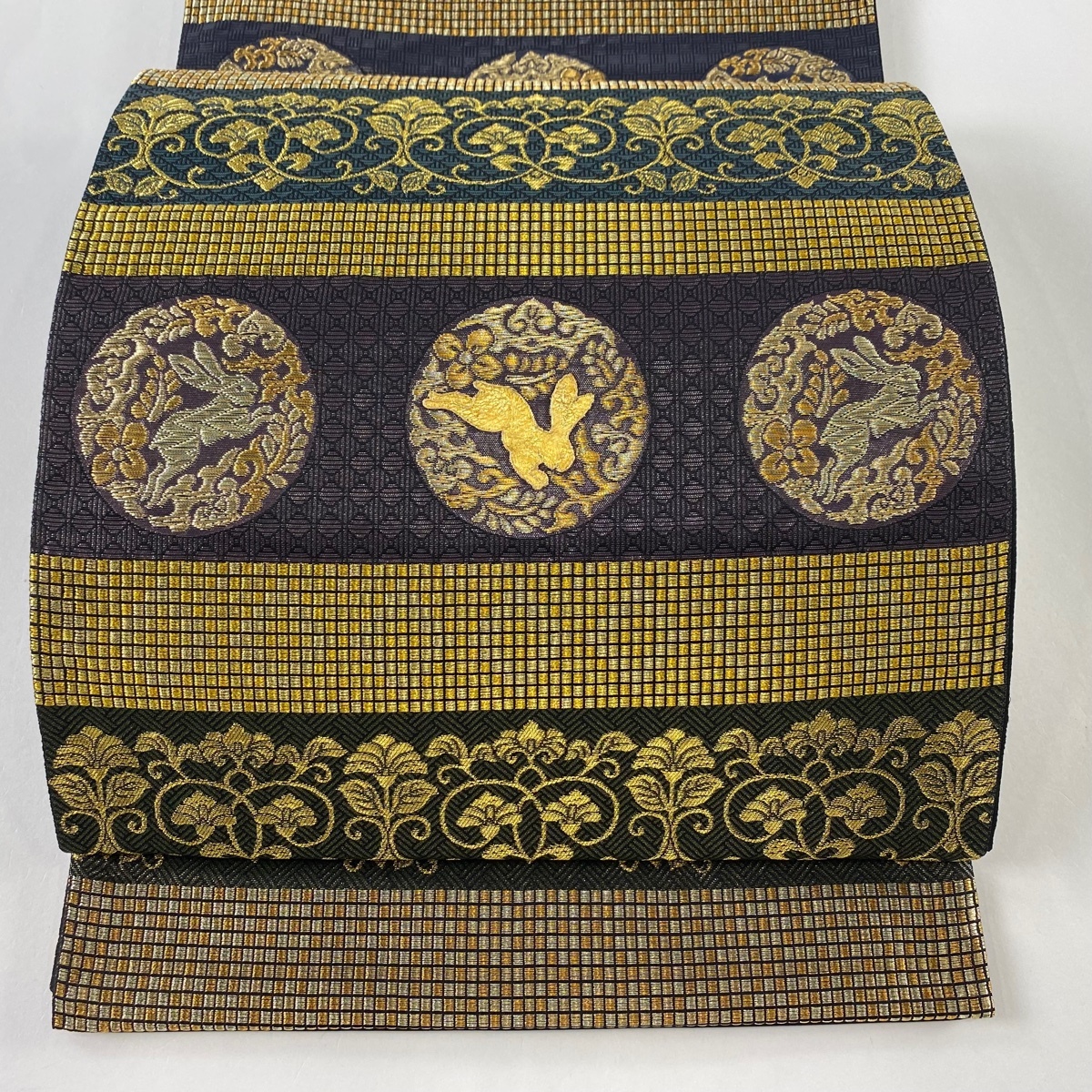 袋帯 逸品 落款 織人六人衆 懐刀 金糸 黒 六通 正絹 【中古 袋帯 逸品 落款 織人六人衆 懐刀 金糸 黒 六通 正絹 【中古
