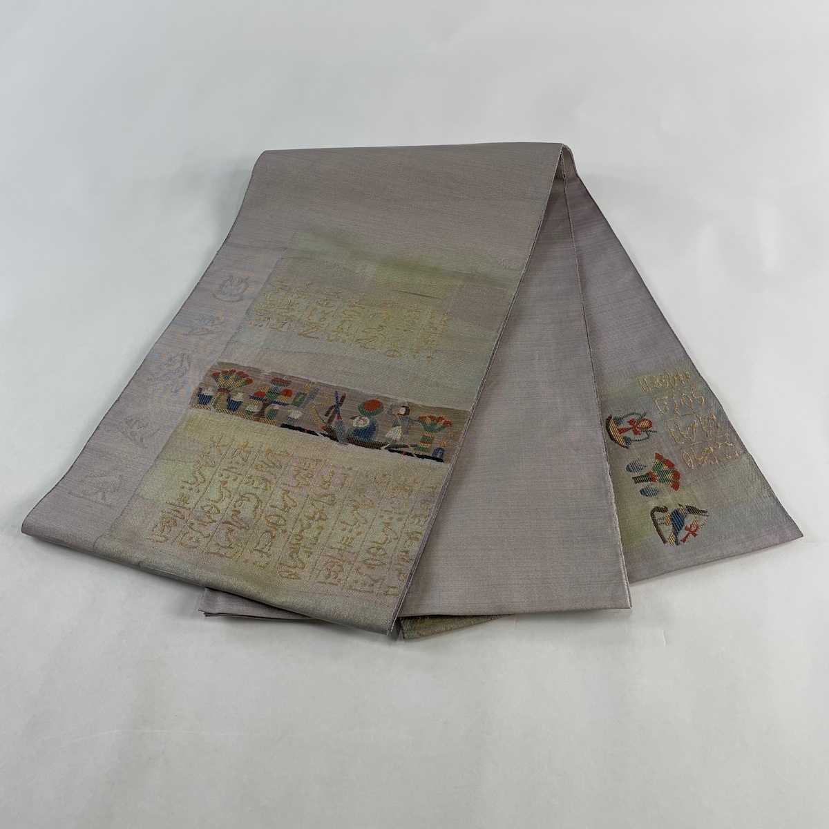 袋帯 美品 名品 じゅらく 落款 古代エジプト文 金糸 金通し 灰紫 袋帯 美品 名品 じゅらく 落款 古代エジプト文 金糸 金通し 灰紫