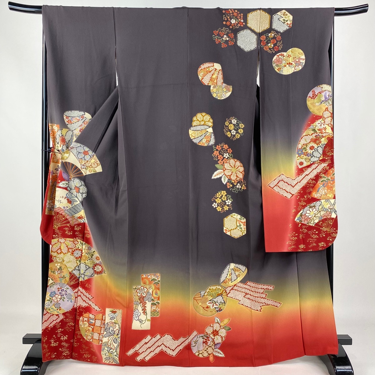 振袖 身丈168cm 裄丈68cm L 袷 扇 短冊 金銀彩 染め分け 茶紫 正絹 名品 【中古】