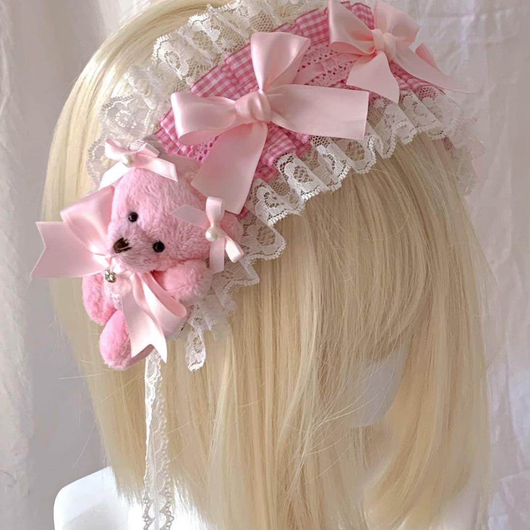 ピンク クマ リボン レース ギンガムチェック ヘッドドレス ロリータ 姫系 コスプレ コンカフェ サブカル ゆめかわいい 量産型 Y2K メイド