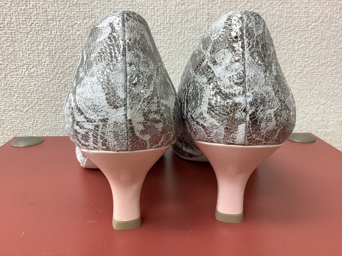 MK ミッシェルクラン シルバー×白レースパンプス 天然皮革 美品 サイズ23