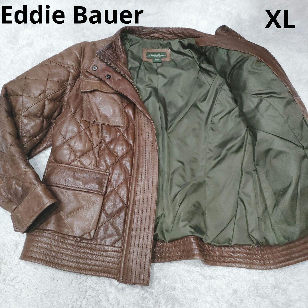 希少XL● Eddie Bauer エディーバウアー ラムレザー ミリタリージャケット ダウン ダイヤキルティング アンティーク加工 ブラウン