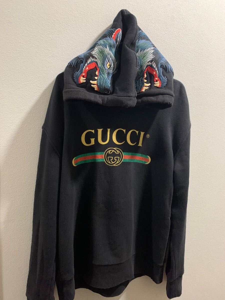 GUCCI パーカー　刺繍　ウルフ　狼　ダメージ加工　 ブラック