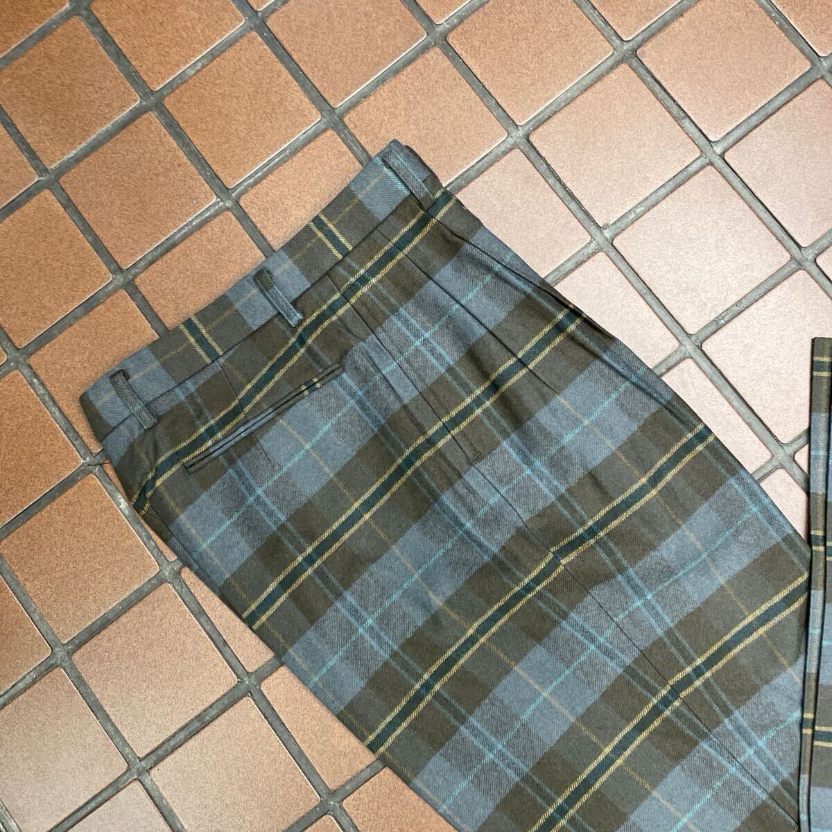｛新品｝ゴルフ カジュアル スラックス サイズ S(73cm) 2タック 毛 100% 日本制 肉厚生地 暖かい 茶系色 チェック レトロ　ヴィンテージ　