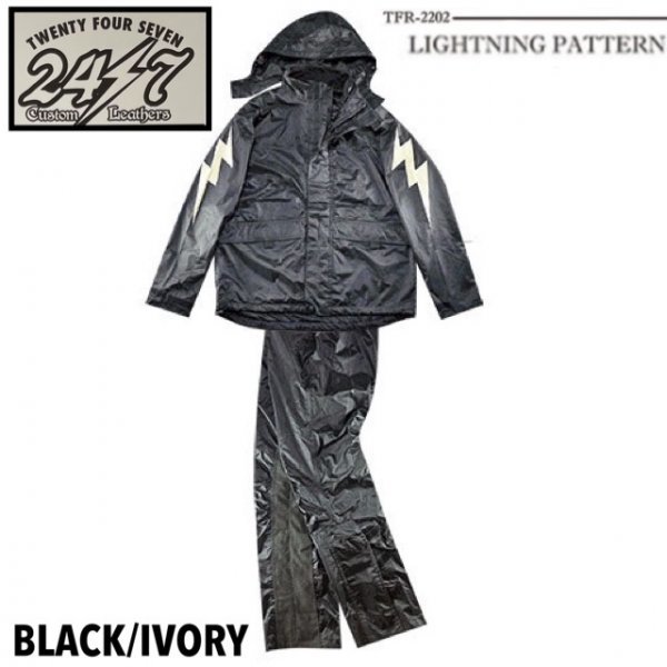 送料0 Vin＆Age 24/7 C.L. FUNCTONAL RAIN SUIT LIGHTNING レインスーツ TFR-2202-BLACK/IVORY-M ボルト/雨具/カッパ/バイカー/男女兼用