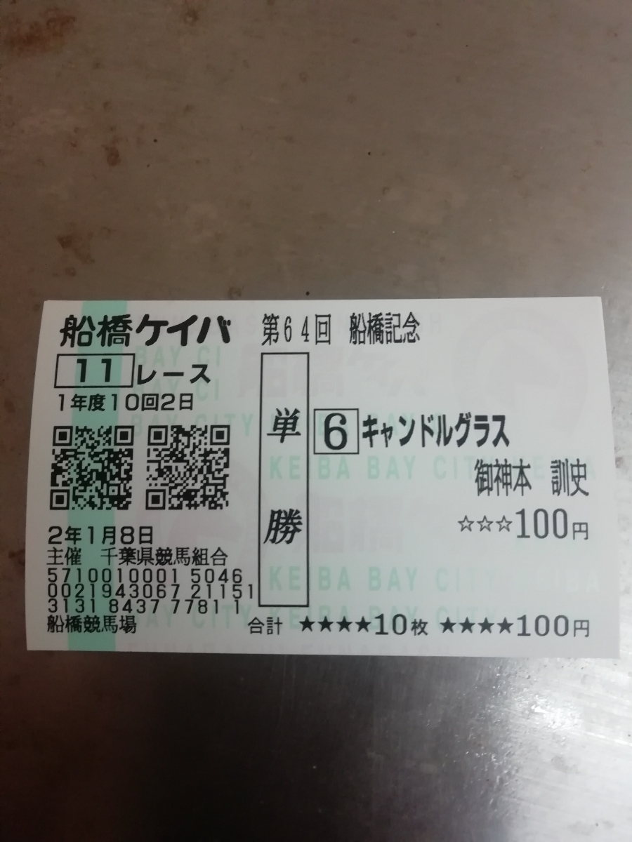 現地購入単勝的中馬券★2020船橋記念★1着キャンドルグラス　御神本★おまけ2着ノブワイルド_画像1