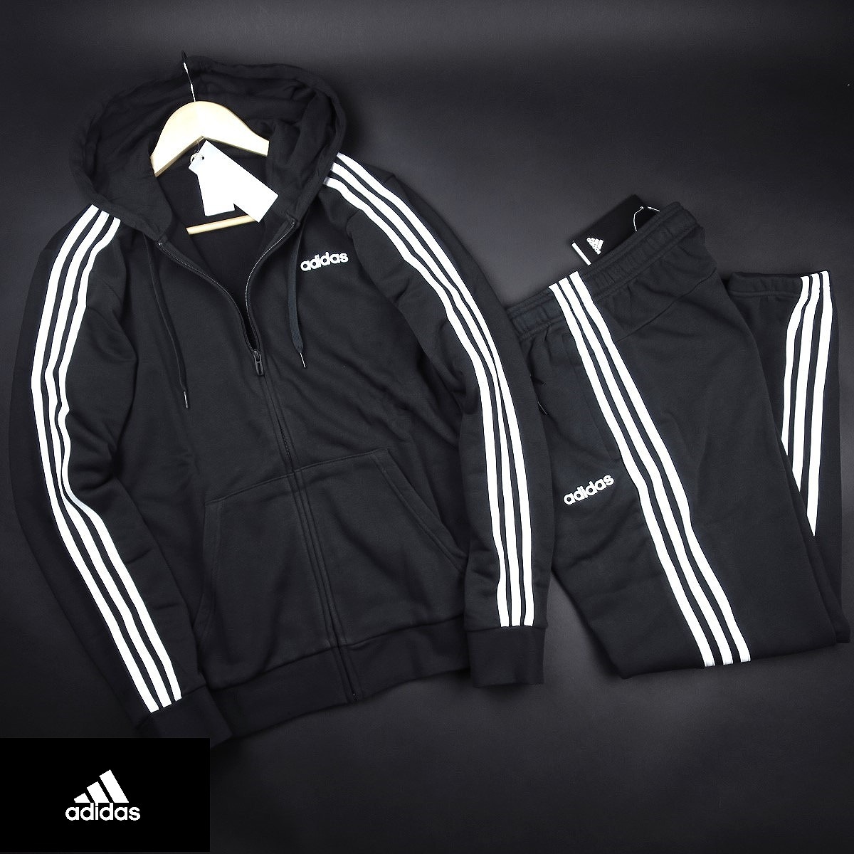新品★adidas/アディダス/フレンチテリー スリーストライプス フルジップパーカーパンツセットアップG91・G26/102・078黒/【L】