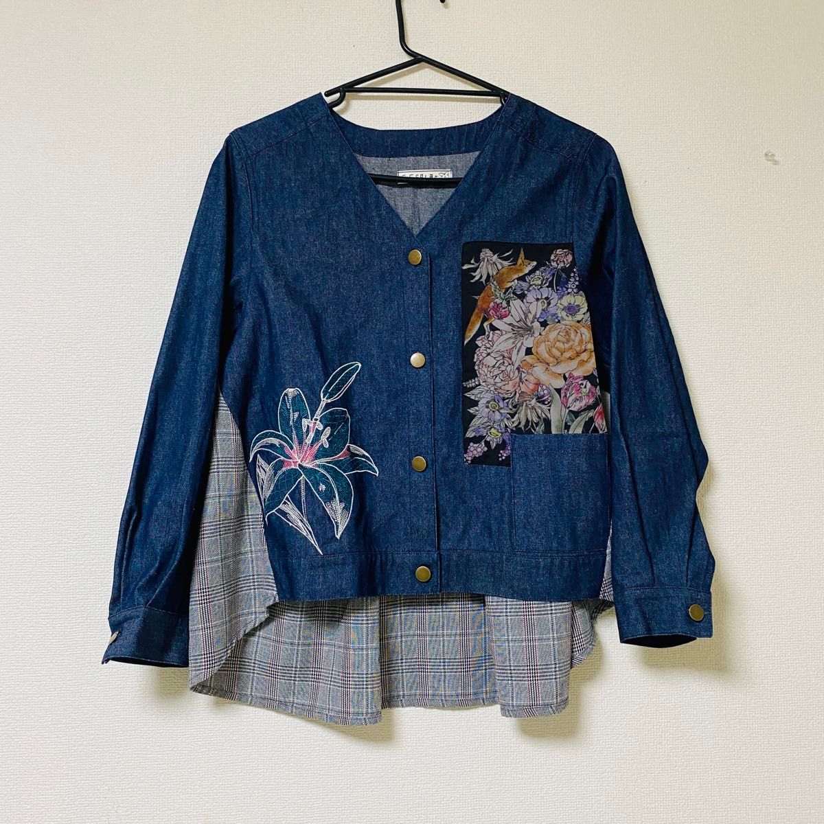IS SCOLAR イズスカラー 花蝶刺繍 切替シャツ デニム ジャケット 長袖シャツ