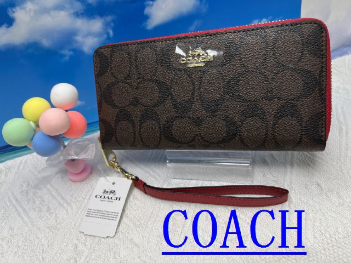 COACH 長財布 コーチ 財布 シグネチャー ジップ アラウンド ブラウン×レッド 財布 レディース プレゼント 新品未使用