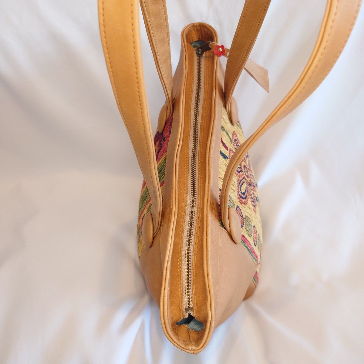 ハンドメイド 輸入ゴブラン織りと牛革のバケツ型トートバッグ
