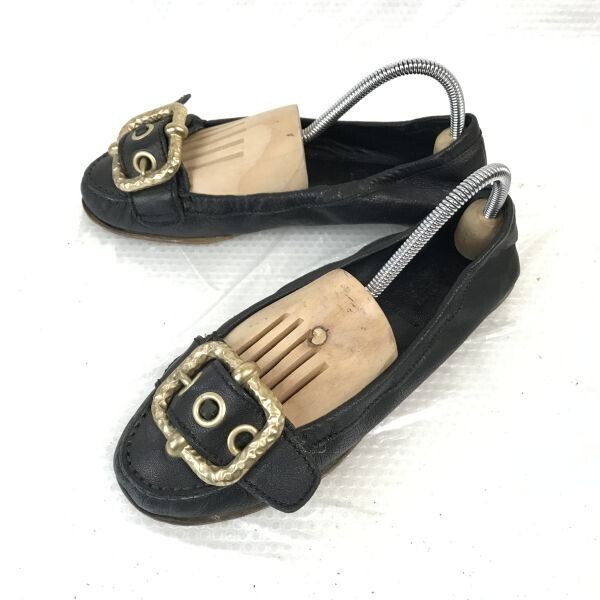 値下げ miumiu 黒 フラットシューズ 23.5 miumiu/ミュウミュウ レザーフラットシューズ【36 5/23 0-23 5