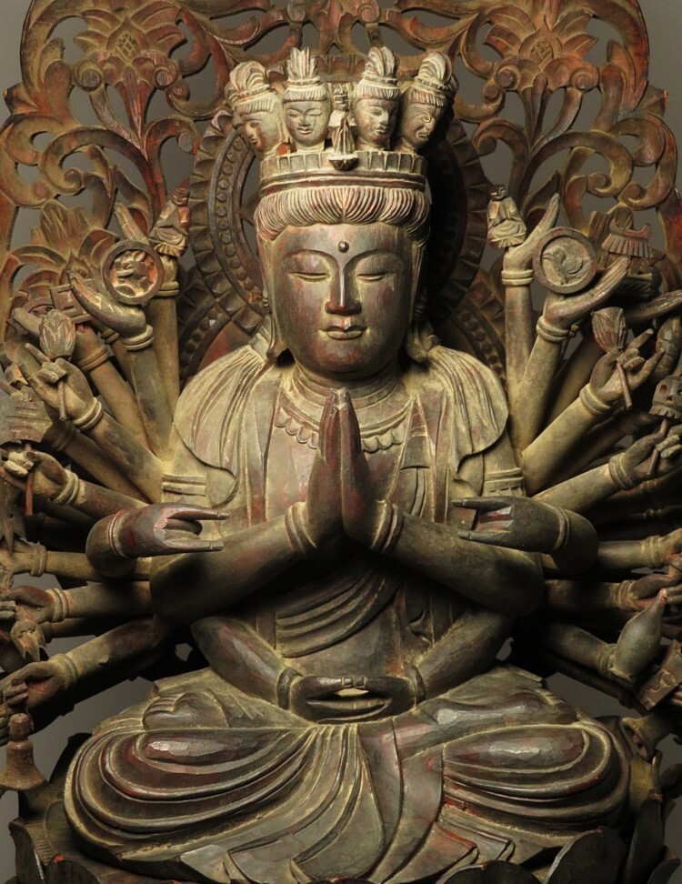 【9408】仏教美術(shù)　江戸期～　寄木　木彫　千手観音　座像　高さ約63㎝　大型（初品?買取品）