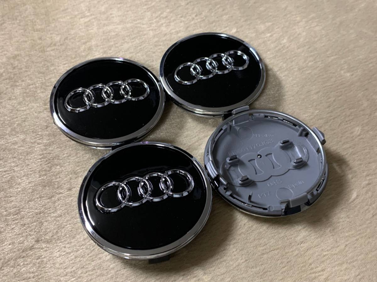 新品即決 新タイプ！ アウディ AUDI A3 A4 A5 Q7 他 61mm 黒 メッキリング センターキャップ 4個セット_画像2