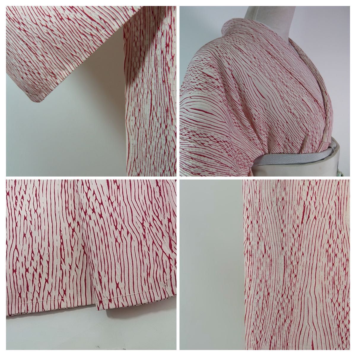 未使用 総絞り 小紋 杢目絞り 木目文様 美品 正絹 着物 白×臙脂 未使用 総絞り 小紋 杢目絞り 木目文様 美品 正絹 着物 白×臙脂