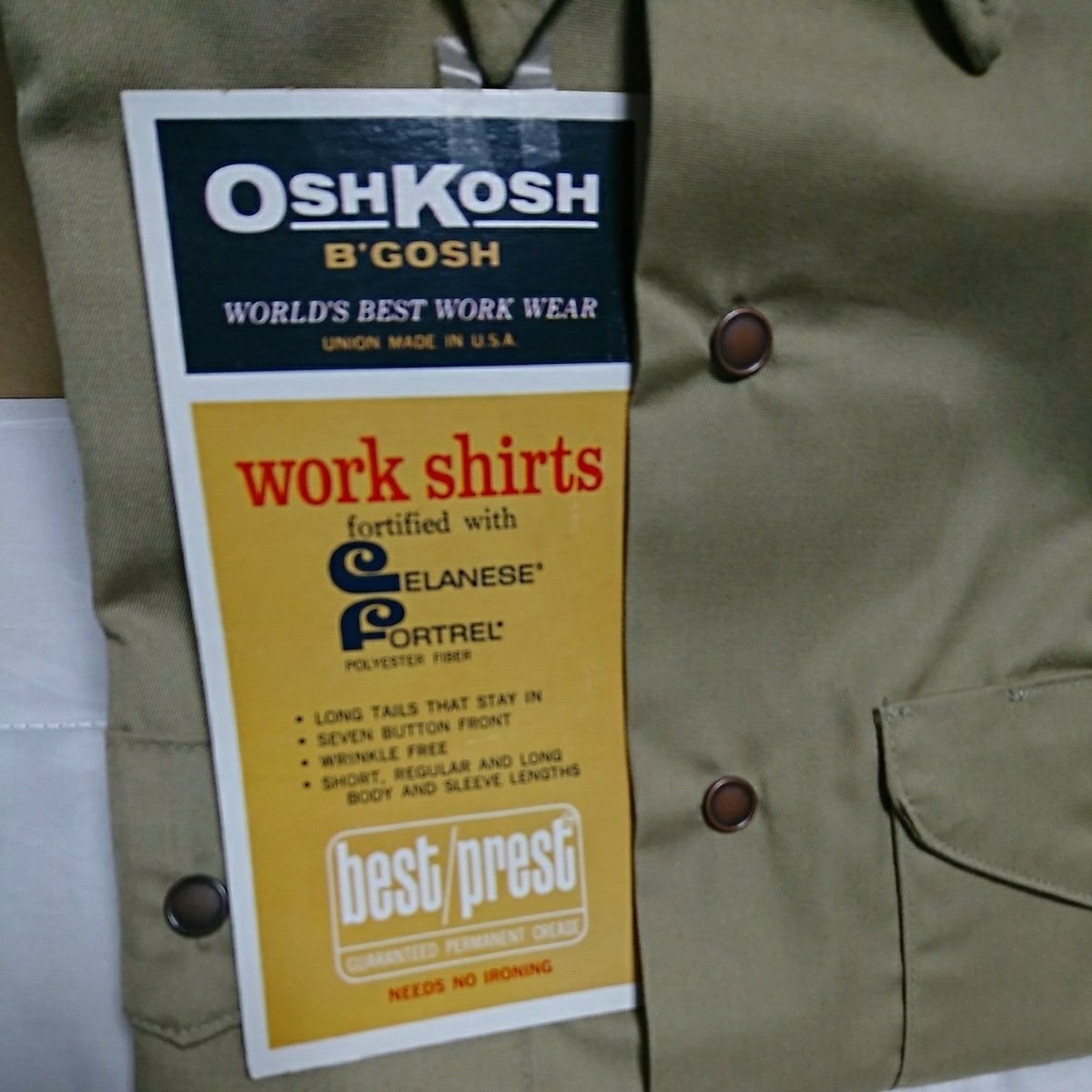 希少★60's70'sビンテージ★フラッシャー付きデッドストック★約50年位前★OSHKOSH B'GOSHオシュコシュ★ワークシャツMADEINUSAベージュ系_画像2