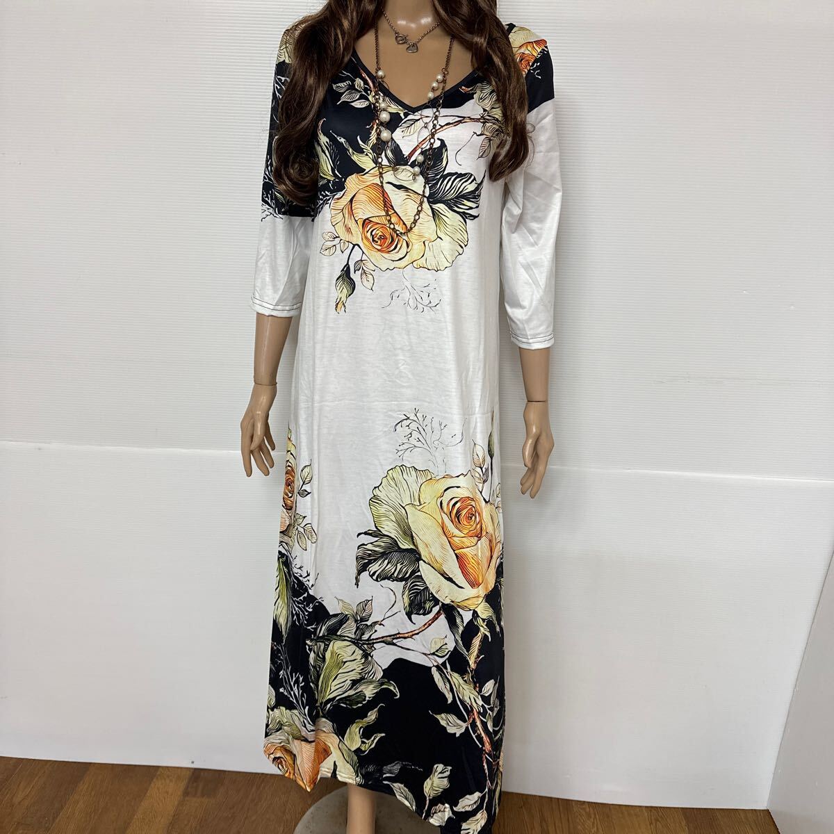 a1319☆ 新品大人気☆デザイン花柄ロングワンピース　Lマキシワンピース　canmil