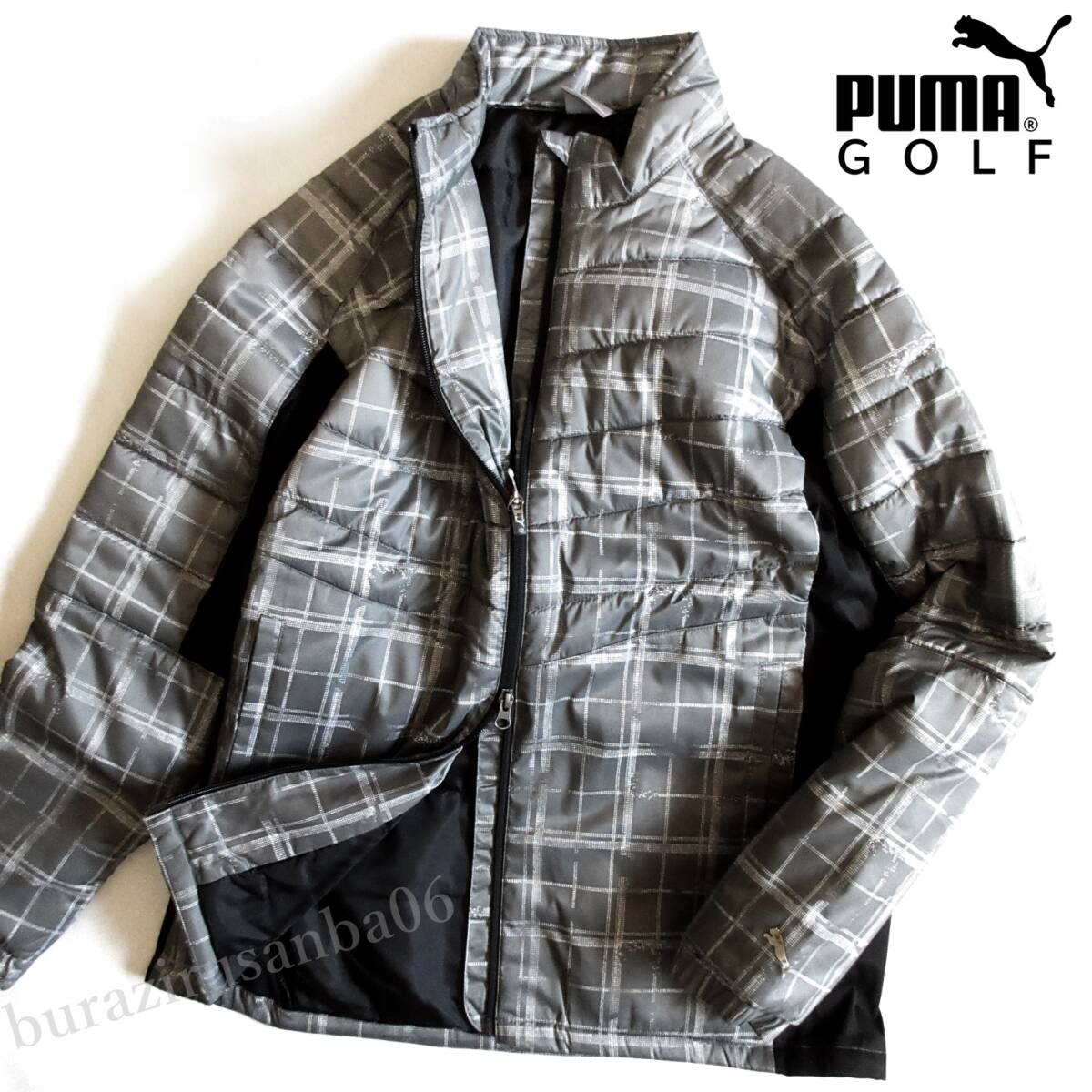 メンズ XL◆未使用 定価17,600円 PUMA GOLF プーマ ゴルフ 中綿 グラフィック チェック柄 パデッドジャケット 軽量 ブルゾン グレー 930337