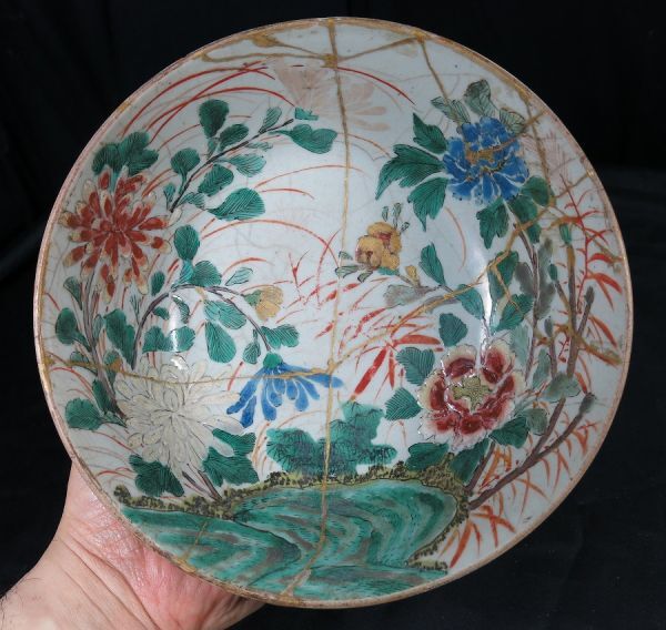 e 青九谷五彩菊牡丹図鉢 江戸時代 陶器 /有田 細首壺 唐草文 色絵 豆彩 粉彩 白磁 染付 青花 呉須 青磁 その他