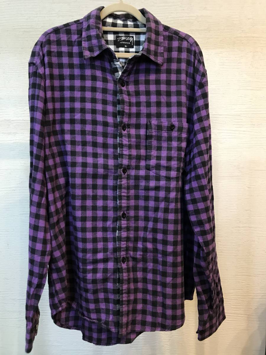 STUSSY　長袖チェックシャツ　紫　Mサイズ