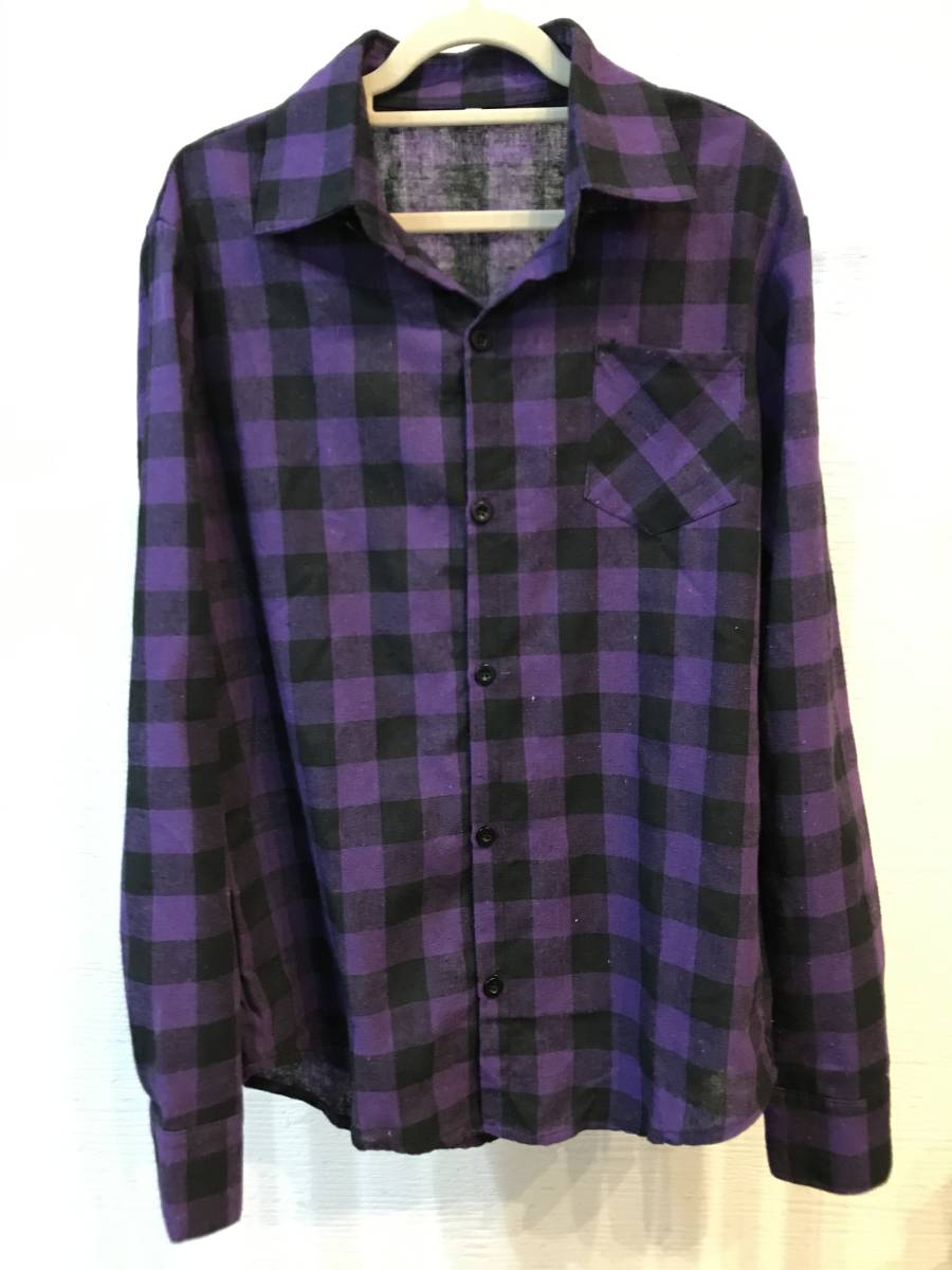 美品　ブロックチェックシャツ　紫　サイズＬ　アメカジ　バイカー　薄手