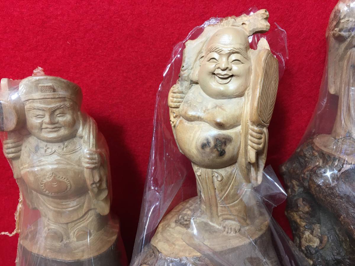 七福神 置物 七体 仏像 茶木 瘤こぶ 無垢 一刀彫 木製