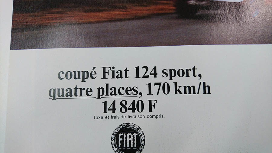 貴重品 1968年 (昭和43年) FIAT 124 Sport フランスの雑誌広告の切り抜き 本物です。フィアット124_キャッチコピーです。