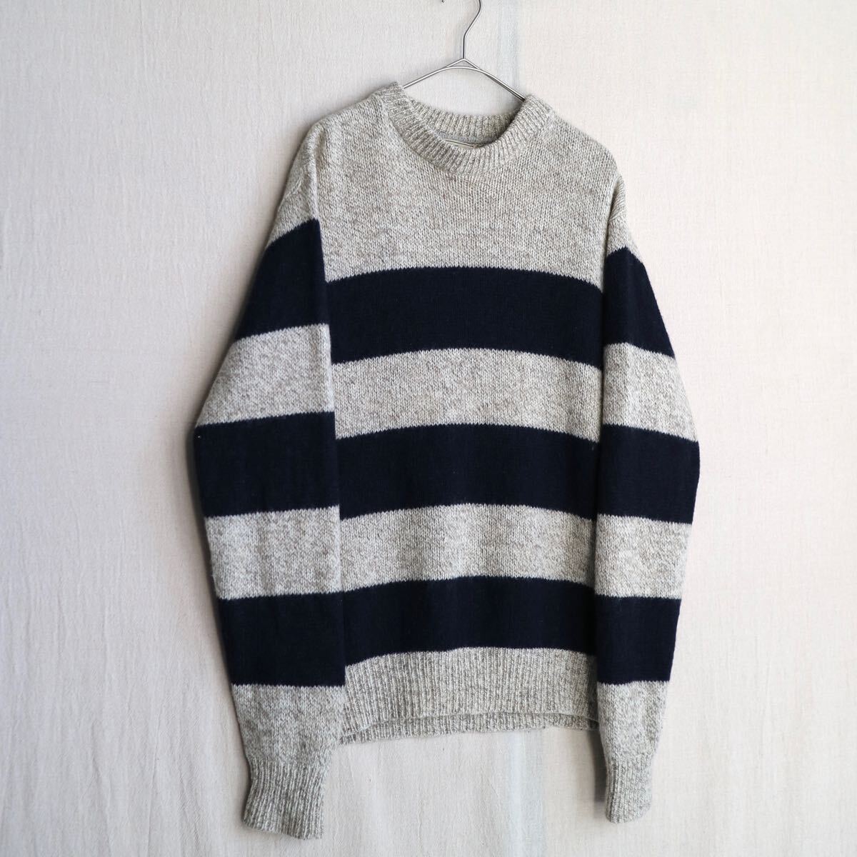 【楽天ランキング1位】 ベージュ グレー ウール / セーター ニット L.L.Bean 80s 70s ネイビー K4-11052-8437 ビンテージ USA ボーダー 男性用
