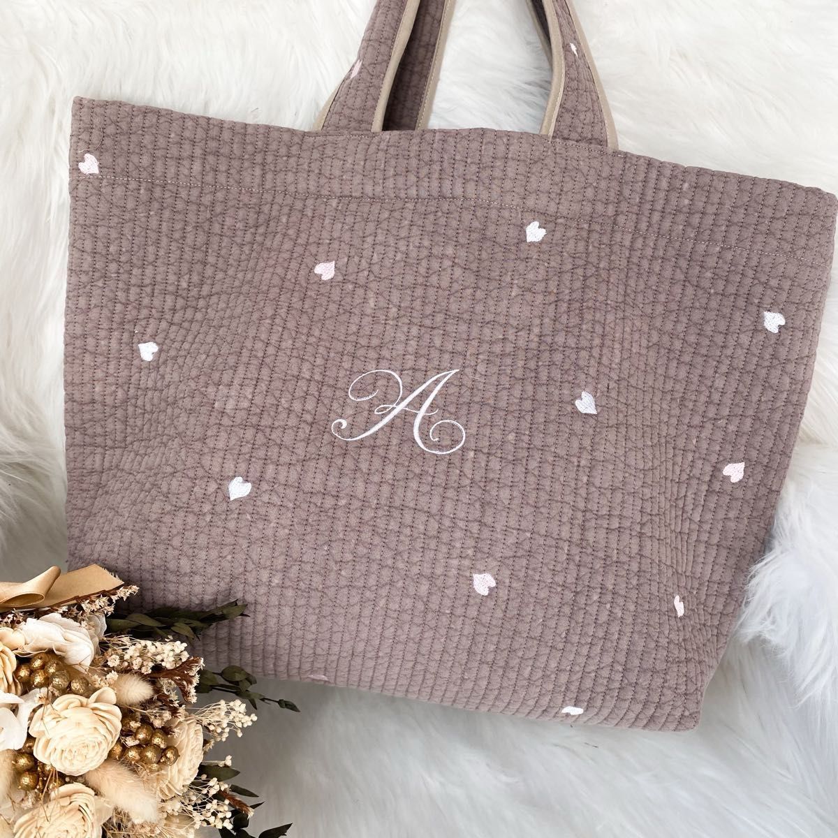 ヌビ イブル トートバッグ お散歩バッグ マザーズバック レッスンバッグ ハート 名前 名入れ 刺繍 入園 入学 うちの子グッズ