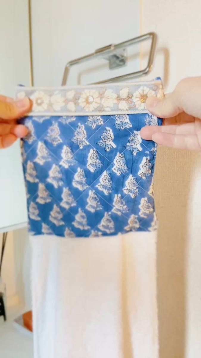 【紫×白】キルティング ハンドタオル ブロックプリント生地 インド刺繍 オーガニックコットン 綿100% 吸水性