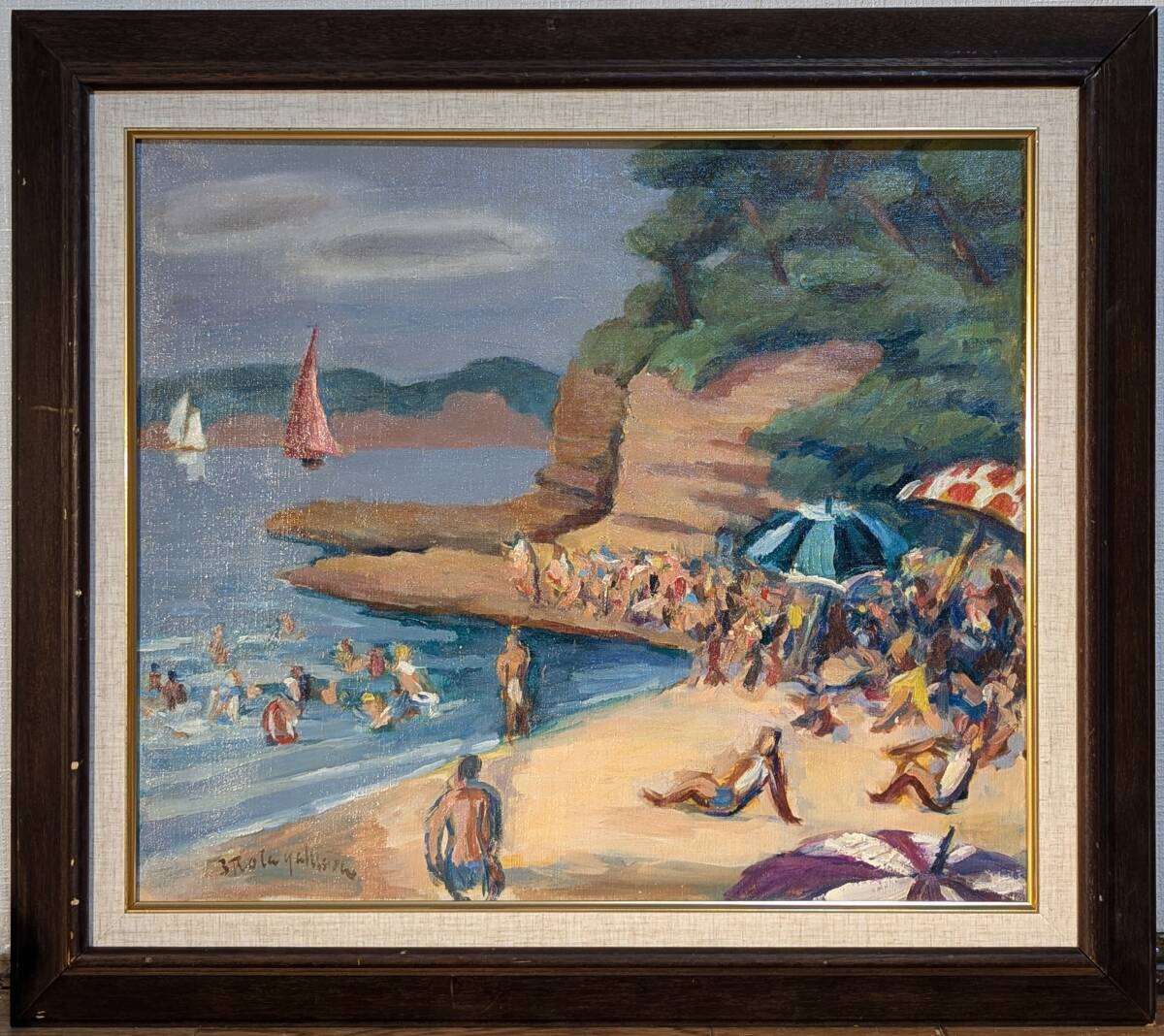 絵画　油彩10号　夏の海辺　活気溢れるビーチの風景画　海の休日　V132