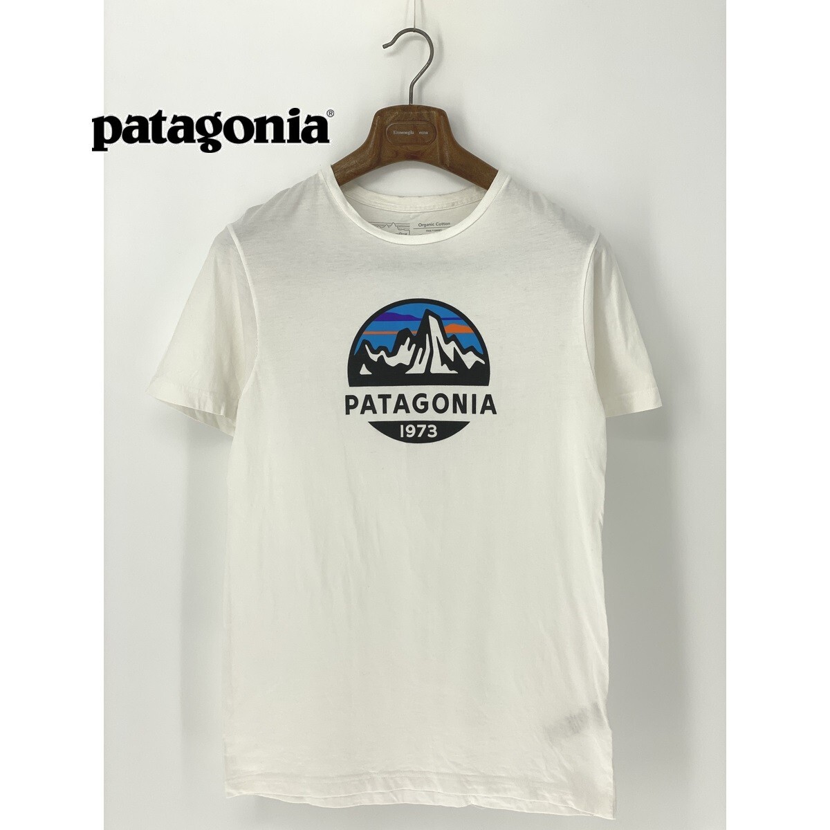 A9938/春夏 patagonia パタゴニア オーガニックコットン デカロゴプリント クルーネック 半袖 Tシャツ カットソー XS 白 メンズ アウトドア