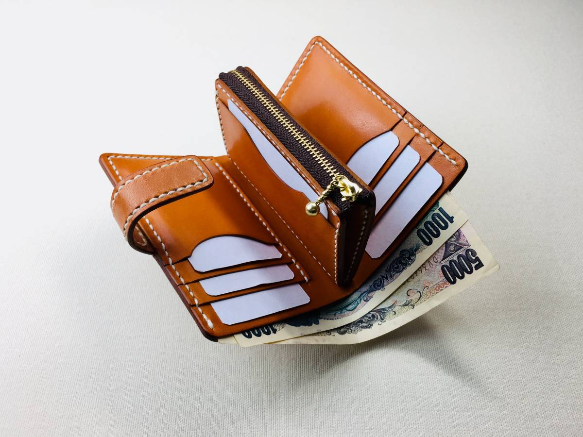 【手縫】キャメル色本革二つ折り財布_画像4