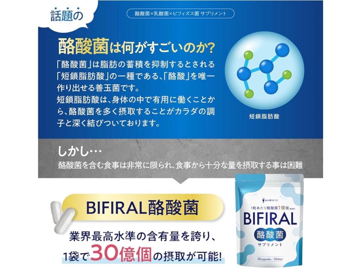 【生きた酪酸菌 30億個贅沢配合】 ビフィラル 酪酸菌 サプリ 酪酸菌 30億個 90日分 乳酸菌 ビフィズス菌 国内製造 