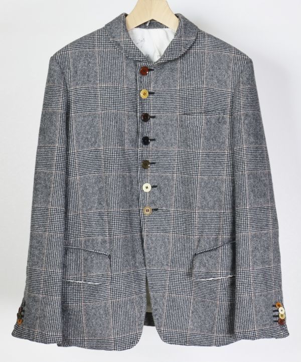 2014 The crooked Tailor クルーキッドテーラー handmade ハンドメイド round collar jacket ウール100 チェック ジャケット 46 b1980_画像1