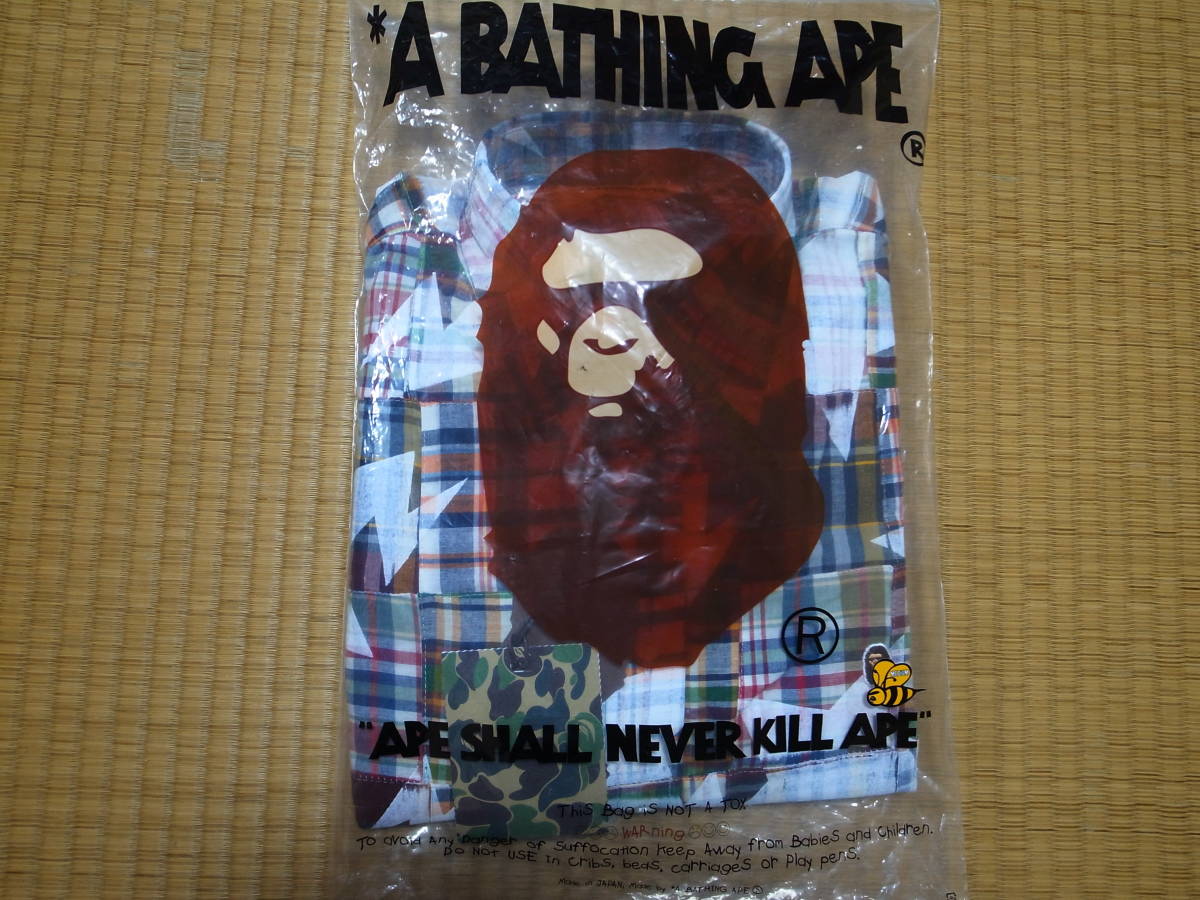 *A BATHING APE Ape * check pattern patchwork × Star print long sleeve shirt *M