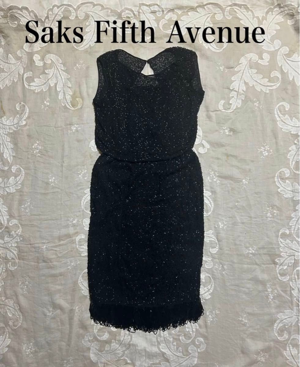 Saks Fifth Avenue ヴィクトリアンヴィンテージビーズドレス ワンピース ノースリーブ 黒 ひざ丈 ブラック