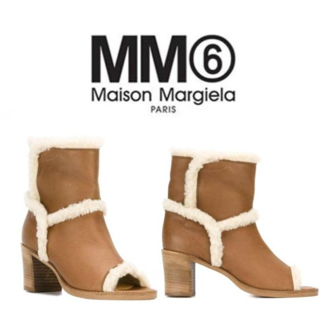 ●MM6 Maison Margiela マルジェラ 新品 前開き ショートブーツ ブーティ ナチュラル ブラウン 37 23,5cm 革 レザー ファー イタリア製