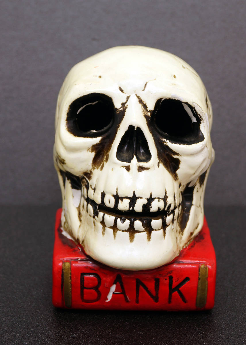  Showa Retro ceramics made Skull skeleton savings box ornament 