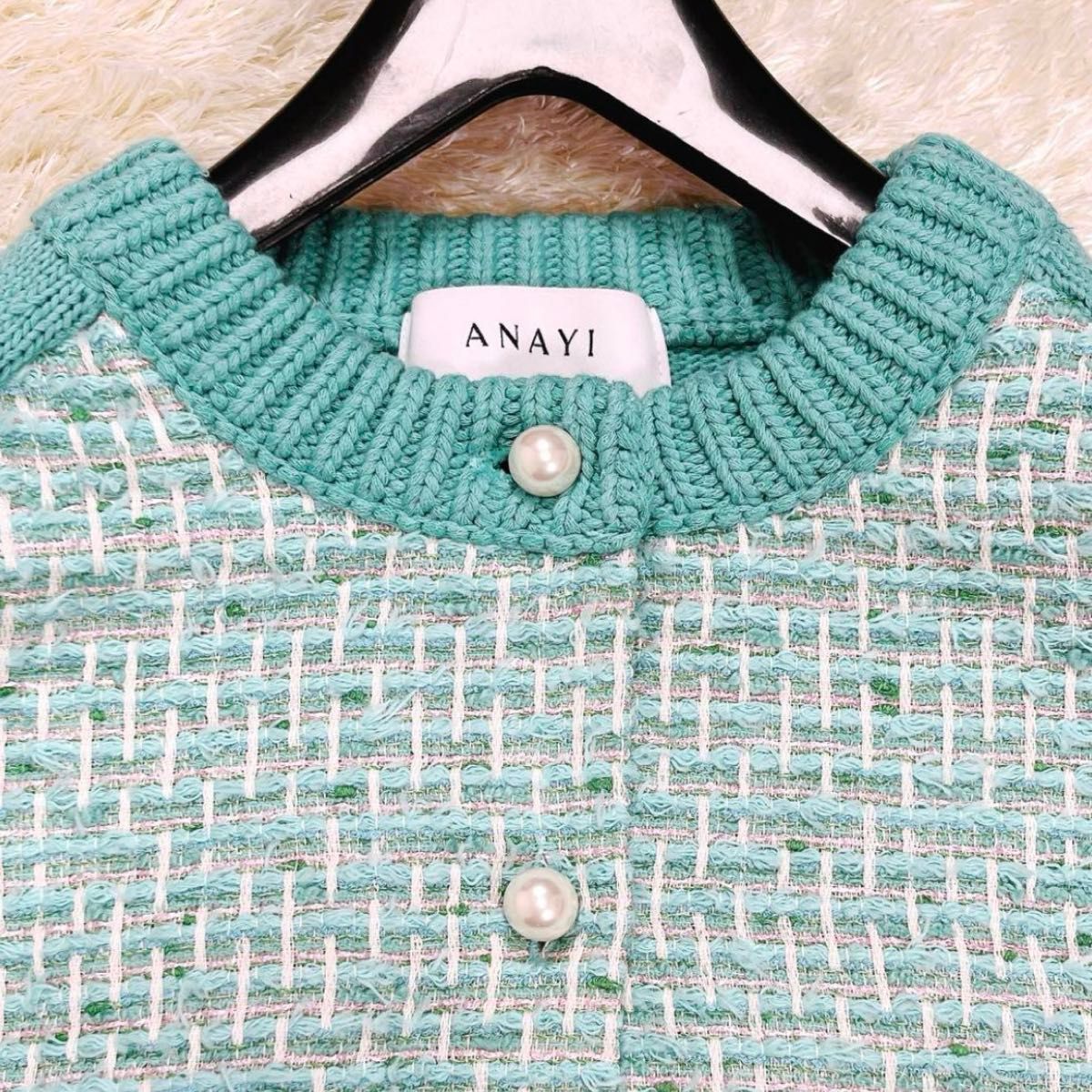 美品 アナイ グリーンプレイドツイード カーディガン パール 美品 アナイ グリーンプレイドツイード カーディガン パール