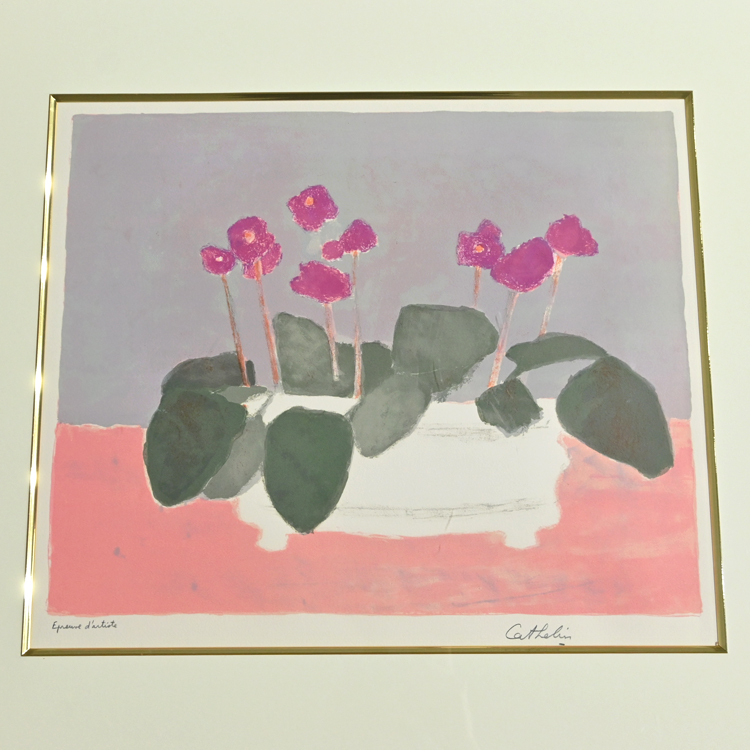カトラン <薔薇色のテーブルクロスとセントポーリア> リトグラフ 1987 Yahoo!オークション - 1987年 Bernard Cathelin “セントポーリア