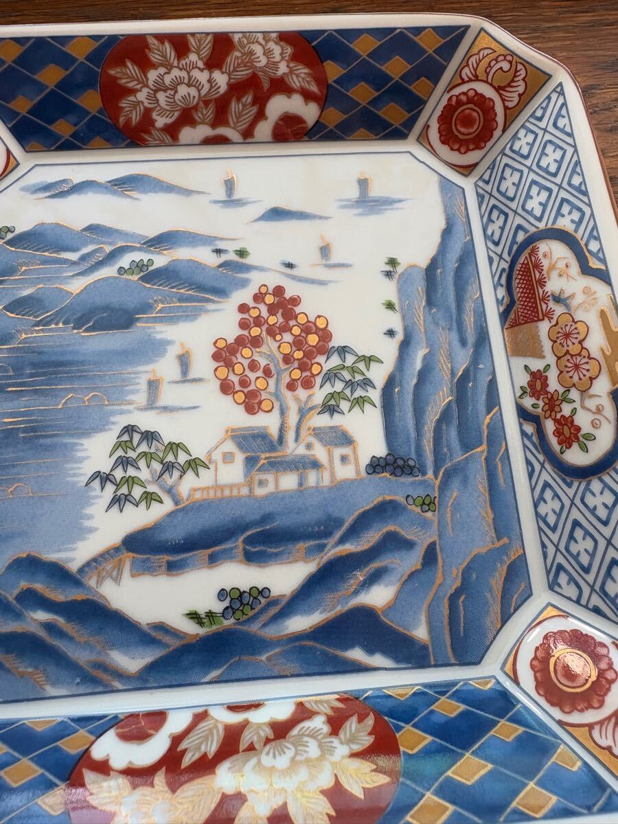 庫山窯 金彩古伊万里写 色絵山水四方角皿 1客 美濃焼 前畑陶器 庫山窯 金彩古伊万里写 色絵山水四方角皿 1客 美濃焼 前畑陶器